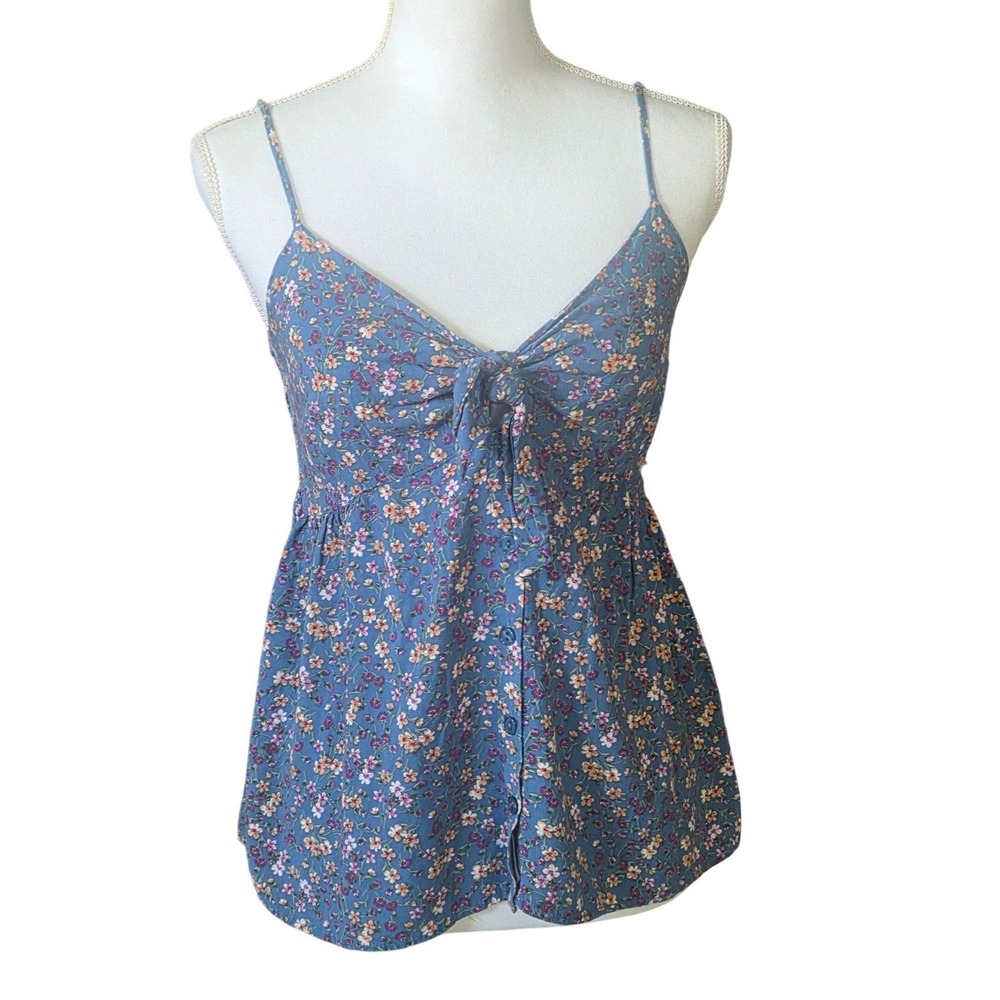 Blue Floral Cottagecore Babydoll Top Smocked Back Cami Large Shabby Chic